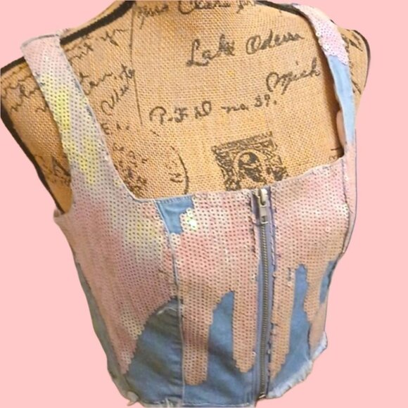 Sugar Thrillz Sequin Bustier Denim Crop Top w/ Zipper Front & Pink Sparkle – S - Picture 7 of 7